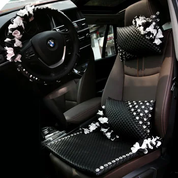 Универсална възглавница седалка от естествена кожа с кристали за автомобили, дантелени възглавници с цветя, тампони за задните части