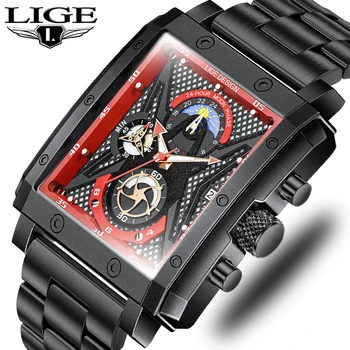 Мъжки часовник с квадратна голям циферблат LIGE, луксозни маркови часовници, модни мъжки часовник, хронограф, военни часовници, мъжки водоустойчив часовник с дата,