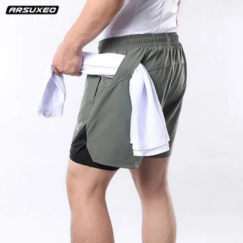 Спортни къси панталони ARSUXEO за бягане на открито, двуслойни обикновена дишащи велосипедни шорти за мъже, бързо съхнещи шорти за бягане