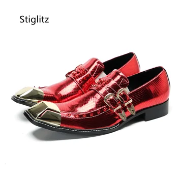 Червените булчински обувки, Мъжки Ежедневни бизнес обувки от естествена кожа с метална катарама и нитове, обувки без обков с метално бомбе, мъжки социална обувки