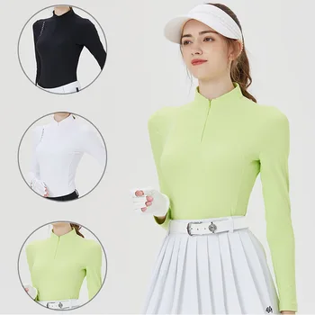 Blktee Есента на женската риза за голф с дълъг ръкав, дамски блузи с яка-ботуш с цип, дамски еластична, тънка риза за момичета, мека ежедневни, спортно облекло